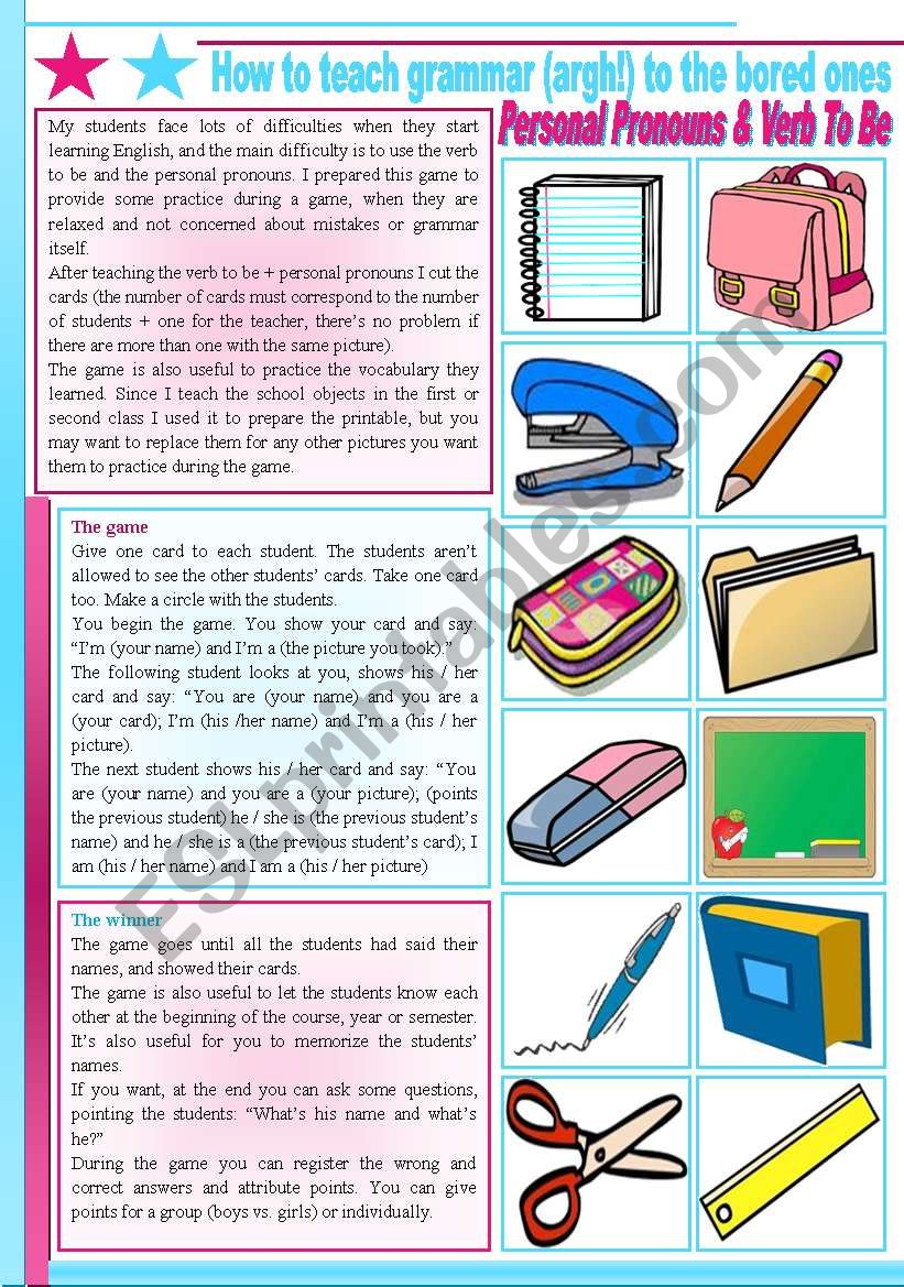 How to teach grammar (argh!) to the bored ones  verb to be (present), personal pronouns, possessive adjectives [2 games] FULL DIRECTIONS  CARDS INCLUDED ((2 pages)) ***editable